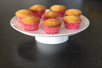Home baked cupcakes in dark background, pink with dots