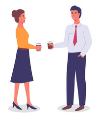 Vector flat illustration of office workers standing holding paper cups with drinks, tea or coffee. Managers have coffee break. Colleagues communicating, talking. Young executive guy and woman talk