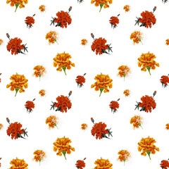 seamless floral pattern with watercolor yellow and orange marigolds on white background