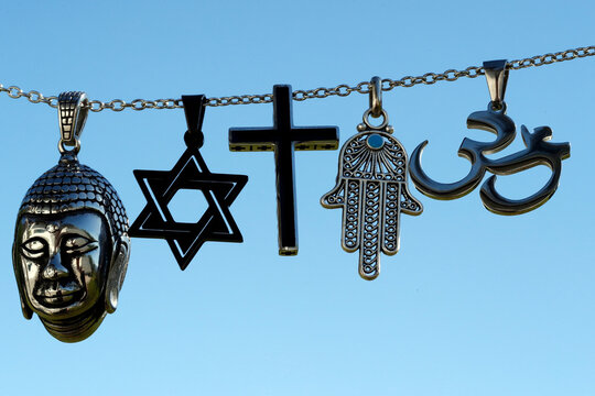 Religious symbols of Christianity, Islam, Judaism, Buddhism and Hinduism, Interfaith dialogue, France