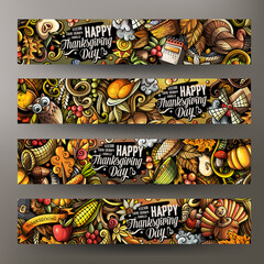 Cartoon cute colorful vector hand drawn doodles Thanksgiving banners