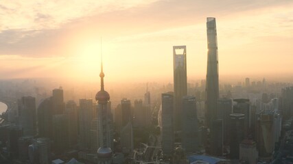 Fototapeta premium aerial view of Shanghai city skyline at sunrise