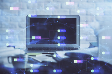 Multi exposure of desktop computer and technology theme hologram. Concept of software development.
