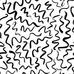 Wavy and swirled brush strokes vector seamless pattern. Doodle lines, black paint freehand scribbles, abstract ink background. Brushstrokes, smears, lines, squiggle pattern. Wallpaper design