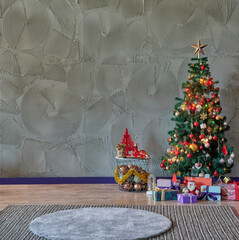 The interior of the New Year, fir tree and gift.