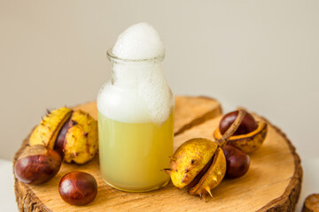 Make natural liquid soap and shampoo concept. Soaking horse chestnut, Aesculus, buckeye in water, witch containing natural saponin the cleaning matter and has cleansing properties. Home bathroom.
