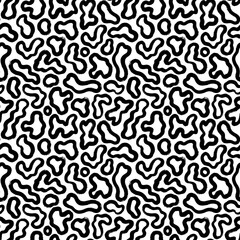 Fluid amorphous forms vector seamless pattern. Hand drawn black brush strokes. Organic irregular circular lines with circles. Hand drawn black and white organic shapes texture. Grunge squiggle lines 