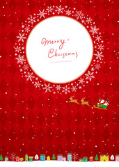 クリスマスの街並み背景、サンタクロースとトナカイのソリ、フルカラーバージョン赤