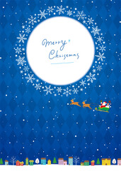 Fototapeta premium クリスマスの街並み背景、サンタクロースとトナカイのソリ、フルカラーバージョン青