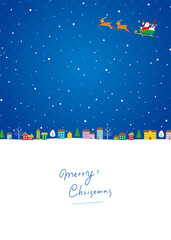 クリスマスの街並み背景、サンタクロースとトナカイのソリ、フルカラーバージョン青