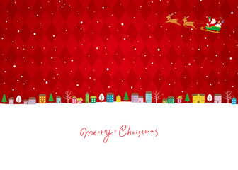 クリスマスの街並み背景、サンタクロースとトナカイのソリ、フルカラーバージョン赤