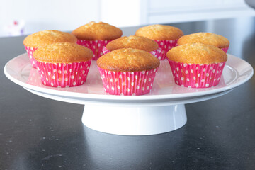 Home baked cupcakes in dark background, pink with dots