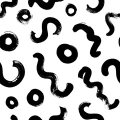 Naklejka premium Black paint brush strokes vector seamless pattern. Hand drawn curved and wavy lines with grunge circles. Chaotic ink brush scribbles decorative texture. Messy doodles, bold curvy lines illustration.
