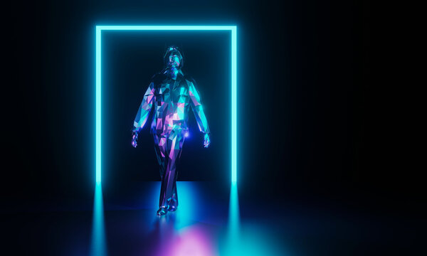 Low poly neon color robor walking, standing on reflection floor with shining rectangle. Artificial intelligence, future, technology background. 3D rendering