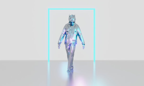 Low poly neon color robor walking, standing on reflection floor with shining rectangle on grey. Artificial intelligence, future, technology background. 3D rendering