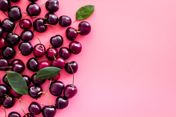 Ripe juicy cherries berries background. Overhead view, flat lay