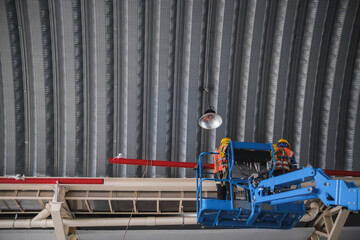 Install fire sprinkler system. In the industrial plant, pipe assembly, red fire pipe, fire...