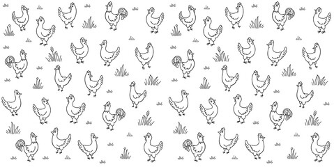 Chickens in the meadow. Poultry farm. Seamless pattern background. Henhouse. Free grazing. Chicken coop factory. Hand drawn contour vector line sketch.