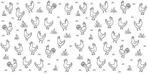Fototapeta premium Chickens in the meadow. Poultry farm. Seamless pattern background. Henhouse. Free grazing. Chicken coop factory. Hand drawn contour vector line sketch.