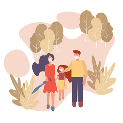 Beautiful family: mother, dauther and father walking in the autumn park in mask.Virus protection concept,protect kid,stop the Coronavirus,health care.Covid-19,influenza vector flat illustration