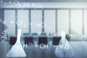 Double exposure of abstract virtual chemistry hologram on a modern meeting room background, research and development concept