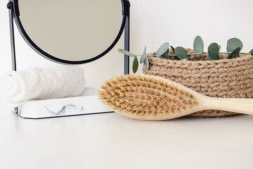 Various wellness and spa treatment products on white background. Zero waste natural cosmetics on a dressing table.