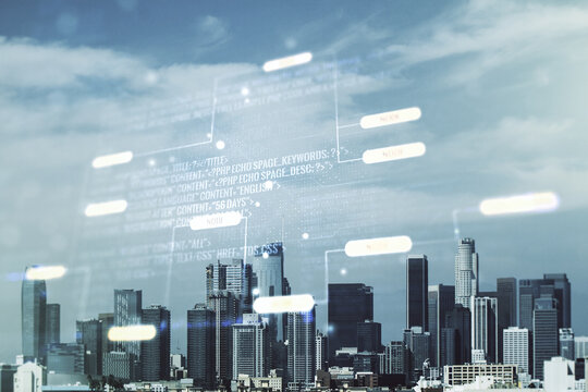 Multi exposure of abstract software development hologram on Los Angeles skyscrapers background, research and analytics concept