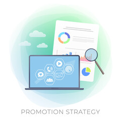 Promotion Strategy - Digital Marketing Business concept vector icon. Online advertising plan with e-mail newsletters, social networks, ad in video services and voice calls icons. Isolated on white