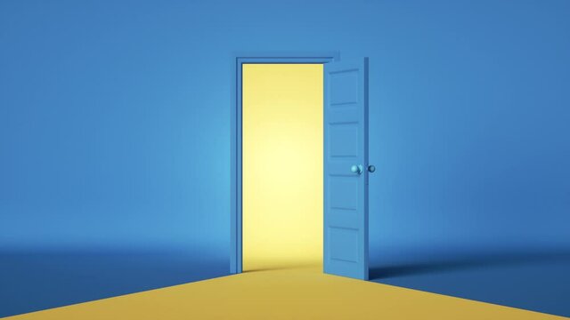 3d render, blue room, yellow bright light behind the opening door. Modern minimal concept. Opportunity metaphor.