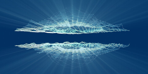 Big data. 3D illustration polygonal  sphere on grid data. Analytics algorithms banner for science, technology and business. Artificial intelligence. Quantum computing concept with wireframe and blur.