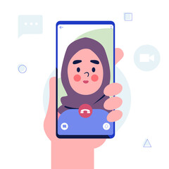 Video call concept. Hand holding Smartphone with hijab woman on screen. Mobile phone in hand. Isolated on white background. Flat design vector illustration