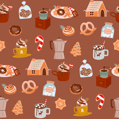 Seamless pattern with Merry Christmas gingerbread cookies, candy and hot drink. Editable vector illustration.