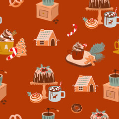 Seamless pattern with Merry Christmas gingerbread cookies, candy and hot drink. Editable vector illustration.