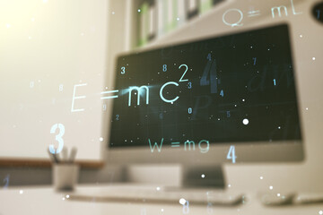Creative scientific formula hologram and modern desk with computer on background, research concept....