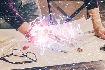 Man with multi exposure brain theme icons.