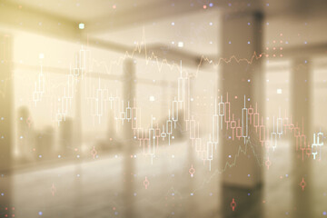 Double exposure of virtual creative financial diagram on empty room interior background, banking and accounting concept