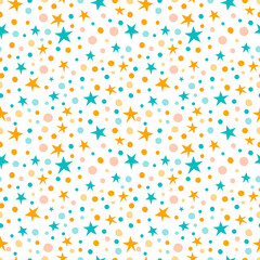 Geometric blue and orange stars seamless pattern in bohemian style isolated on white background. Winter holidays rustic decor. Modern vector illustration for fabric, cards and print design.