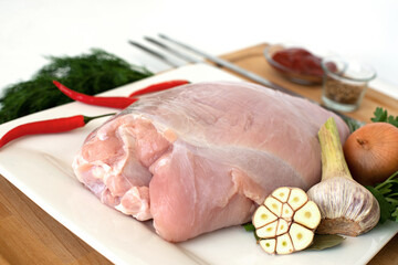 raw turkey meat, fillet for roasting on skewers. Barbecue preparation. ingredients