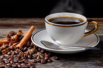 Hot black coffee in a mug and coffee beans on a wooden floor.