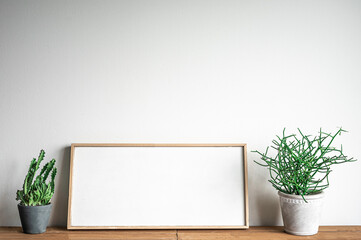 Blank picture frame with cactus and Euphorbia tirucalli Linn plant, copy space for text.