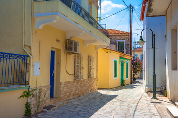 Streets of famous picturesque village Limni Evias on Euboea island, Greece.
