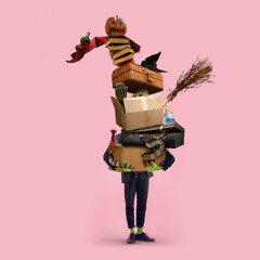 Collage of halloween witches' equipment on coral background, Saints' Eve. Pumpkin, potion, hat, books, broom. Black friday, sales concept. Copyspace. October, autumn time Creative artwork