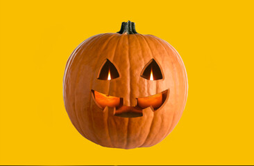 Halloween jack O 'Lantern, orange pumpkin in abstract graphics on yellow background