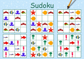 Mini games collection for kids. Sudoku.
Find regularity and choose next animal. Leisure activity for preschool. Funny marine animals. Task for children. 
