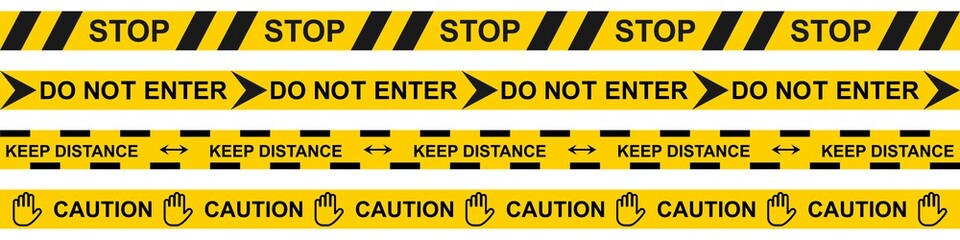 Warning tape in yellow and black. Caution stripe on white background. Do not enter and stop sign border. Restricted police area. Keep distance barrier. Under construction zone. Vector EPS 10.