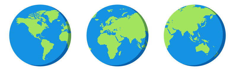 Fototapeta na wymiar Planet earth. Globe icon in blue and green. World map in flat design on white background. Isolated cartoon globe with continents. America, Asia and Europe silhouette. Eco symbol. Vector EPS 10.