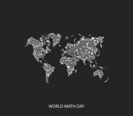 world math day concept. world map with math symbols. vector illustrations. 