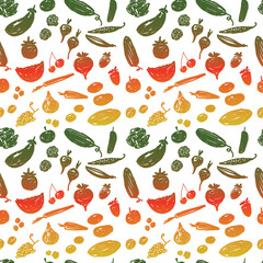 Seamless pattern of silhouettes  various drawn fruits and vegetables