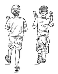 Sketch of two little boys walking ourdoors on summer day together