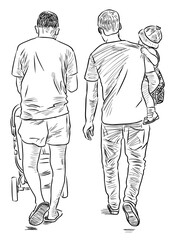 Fototapeta na wymiar Sketch of young men with their kids strolling on summer day together